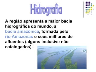 A região apresenta a maior bacia hidrográfica do mundo, a  bacia amazônica , formada pelo  rio Amazonas  e seus milhares de afluentes (alguns inclusive não catalogados). Hidrografia 