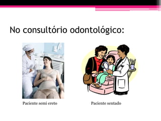 No consultório odontológico:




   Paciente semi ereto   Paciente sentado
 