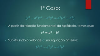 1° Caso:
𝑐2
− 𝑎2
𝑥2
− 𝑎2
𝑦² = 𝑎2
(𝑐2
− 𝑎2
)
• A partir da relação fundamental da hipérbole, temos que:
𝑐2
= 𝑎2
+ 𝑏²
• Substituindo o valor de c² na equação anterior:
𝑏²𝑥2
− 𝑎2
𝑦² = 𝑎2
𝑏²
 