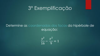 3° Exemplificação
Determine as coordenadas dos focos da hipérbole de
equação:
𝑦²
16
−
𝑥2
9
= 1
 