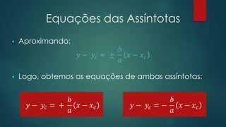 Equações das Assíntotas
• Aproximando:
𝑦 − 𝑦𝑐 ≈ ±
𝑏
𝑎
𝑥 − 𝑥 𝑐
• Logo, obtemos as equações de ambas assíntotas:
𝑦 − 𝑦𝑐 = +
𝑏
𝑎
𝑥 − 𝑥 𝑐 𝑦 − 𝑦𝑐 = −
𝑏
𝑎
𝑥 − 𝑥 𝑐
 