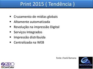 Print 2015 ( Tendência )

   Cruzamento de midias globais
   Altamente automatizada
   Revolução na impressão Digital
   Serviços Integrados
   Impressão distribuida
   Centralizada na WEB



                               Fonte :Frank Romano
 