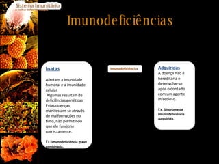 Imunodeficiências As Imunodeficiências afectam o sistema imunitário originando falhas que podem ser aproveitadas por organismos patogénicos oportunistas. Imunodeficiência s Inatas Afectam a imunidade humoral e a imunidade celular Algumas resultam de deficiências genéticas  Estas doenças manifestam-se através de malformações no timo, não permitindo que ele funcione correctamente. Ex:  imunodeficiência grave combinada. Adquiridas A doença não é hereditária e desenvolve-se após o contacto com um agente infeccioso.  Ex:  Síndrome de Imunodeficiência Adquirida. 