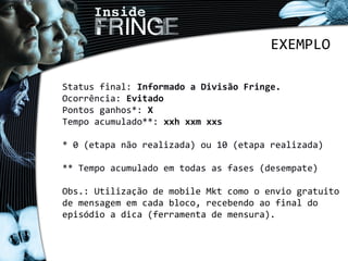 Status final: Informado a Divisão Fringe.
Ocorrência: Evitado
Pontos ganhos*: X
Tempo acumulado**: xxh xxm xxs
* 0 (etapa não realizada) ou 10 (etapa realizada)
** Tempo acumulado em todas as fases (desempate)
Obs.: Utilização de mobile Mkt como o envio gratuito
de mensagem em cada bloco, recebendo ao final do
episódio a dica (ferramenta de mensura).
EXEMPLO
 