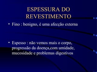 ESPESSURA DO
REVESTIMENTO
• Fino : benigno, é uma afecção externa
• Espesso : não vemos mais o corpo,
progressão da doença,com umidade,
mucosidade e problemas digestivos
 