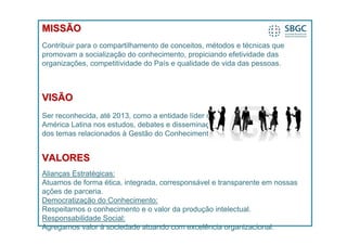 MISSÃO
Contribuir para o compartilhamento de conceitos, métodos e técnicas que
promovam a socialização do conhecimento, propiciando efetividade das
organizações, competitividade do País e qualidade de vida das pessoas.



VISÃO
Ser reconhecida, até 2013, como a entidade líder na
América Latina nos estudos, debates e disseminação
dos temas relacionados à Gestão do Conhecimento.


VALORES
Alianças Estratégicas:
Atuamos de forma ética, integrada, corresponsável e transparente em nossas
ações de parceria.
Democratização do Conhecimento:
Respeitamos o conhecimento e o valor da produção intelectual.
Responsabilidade Social:
Agregamos valor à sociedade atuando com excelência organizacional.
 