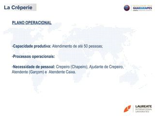 La Crêperie
PLANO OPERACIONAL
-Capacidade produtiva: Atendimento de até 50 pessoas;
-Processos operacionais:
-Necessidade de pessoal: Crepeiro (Chapeiro), Ajudante de Crepeiro,
Atendente (Garçom) e Atendente Caixa.
 