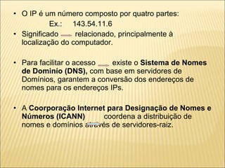 O IP é um número composto por quatro partes: Ex.:  143.54.11.6 Significado  relacionado, principalmente à localização do computador. Para facilitar o acesso  existe o  Sistema de Nomes de Dominío   (DNS),  com base em servidores de Domínios, garantem a conversão dos endereços de nomes para os endereços IPs.  A  Coorporação Internet para Designação de Nomes e Números (ICANN)  coordena a distribuição de nomes e domínios através de servidores-raiz. 