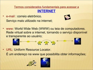 Termos considerados fundamentais para acessar a   INTERNET e-mail  : correio eletrônico.  Serviço mais utilizado na internet; www : World Wide Web (WWW) ou teia de computadores.  Rede virtual sobre a internet, tornando o serviço disponível e transparente ao usuário; URL : Uniform Resource Locator. É um endereço na www que possibilita obter informações; 