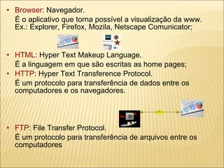 Browser : Navegador.  É o aplicativo que torna possível a visualização da www.  Ex.: Explorer, Firefox, Mozila, Netscape Comunicator; HTML : Hyper Text Makeup Language.  É a linguagem em que são escritas as home pages; HTTP : Hyper Text Transference Protocol. É um protocolo para transferência de dados entre os computadores e os navegadores. FTP : File Transfer Protocol. É um protocolo para transferência de arquivos entre os computadores 