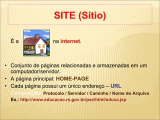 SITE (Sítio) ‏ É a  na  internet .  Conjunto de páginas relacionadas e armazenadas em um computador/servidor. A página principal:  HOME-PAGE Cada página possui um único endereço –  URL Composição:   Protocolo / Servidor / Caminho / Nome do Arquivo Ex.:  http://www.educacao.rs.gov.br/pse/html/educa.jsp 