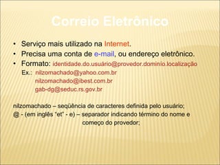 Correio Eletrônico Serviço mais utilizado na  Internet . Precisa uma conta de  e-mail , ou endereço eletrônico. Formato:  identidade.do.usuário@provedor.dominío.localização Ex.:  [email_address] [email_address] [email_address] nilzomachado – seqüência de caracteres definida pelo usuário; @ - (em inglês “et” - e) – separador indicando término do nome e  começo do provedor; 