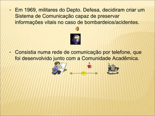 Em 1969, militares do Depto. Defesa, decidiram criar um Sistema de Comunicação capaz de preservar informações vitais no caso de bombardeios/acidentes. Consistia numa rede de comunicação por telefone, que foi desenvolvido junto com a Comunidade Acadêmica. 