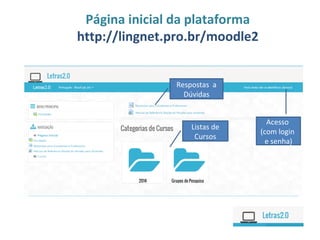 Página inicial da plataforma
http://lingnet.pro.br/moodle2
Acesso
(com login
e senha)
Listas de
Cursos
Respostas a
Dúvidas
 