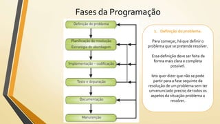 Fases da Programação
1. Definição do problema.
Para começar, há que definir o
problema que se pretende resolver.
Essa definição deve ser feita da
forma mais clara e completa
possível.
Isto quer dizer que não se pode
partir para a fase seguinte da
resolução de um problema sem ter
um enunciado preciso de todos os
aspetos da situação-problema a
resolver.
 