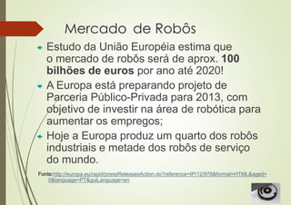 Mercado de Robôs
 Estudo da União Européia estima que
o mercado de robôs será de aprox. 100
bilhões de euros por ano até 2020!
 A Europa está preparando projeto de
Parceria Público-Privada para 2013, com
objetivo de investir na área de robótica para
aumentar os empregos;
 Hoje a Europa produz um quarto dos robôs
industriais e metade dos robôs de serviço
do mundo.
Fonte:http://europa.eu/rapid/pressReleasesAction.do?reference=IP/12/978&format=HTML&aged=
0&language=PT&guiLanguage=en
 