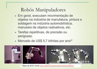 Felipe Nascimento Martins
Robôs Manipuladores
 Em geral, executam movimentação de
objetos na indústria de manufatura, pintura e
soldagem na indústria automobilística,
manuseio de objetos radioativos, etc.
 Tarefas repetitivas, de precisão ou
perigosas.
 Mercado de US$ 5,7 bilhões por ano!*
* Dado de 2010. Fonte: http://www.ifr.org/industrial-robots/statistics/
 