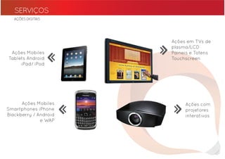 SERVIÇOS
   AÇÕES DIGITAIS




                                Ações em TVs de

 Ações Mobiles
Tablets Android
                    >
                    >       >
                            >
                                plasma/LCD
                                Paineis e Totens
                                Touchscreen
     iPad/ iPod




      Ações Mobiles
                                >
                        >            Ações com
                                >
Smartphones iPhone
                        >
                                     projetores
Blackberry / Android                 interativos
              e WAP
 