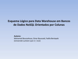 Esquema Lógico para Data Warehouse em Bancos
de Dados NoSQL Orientados por Colunas
Autores:
Mohamed Boussahoua, Omar Boussaid, Fadila Bentayeb
(Université Lumiere Lyon 2 | UL2)
 
