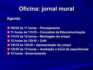 Oficina: jornal mural Agenda 10h30 às 11 horas – Planejamento 11 horas às 11h15 – Conceitos de Educomunicação 11h15 às 12 horas – Montagem do croqui 12 horas às 12h10 – Café 12h10 às 12h30 – Apresentação do croqui 12h30 às 13 horas – Avaliação e troca de experiências 13 horas - Encerramento 