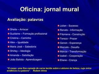 Oficina: jornal mural Avaliação: palavras Sheila – Arriscar Suzilaine – Formação profissional Cristina – Caminho Alex – Igualdade Maria José – Sabedoria Shirley – Ideologia Amanda – Satisfação João Batista - Aprendizagem Julian - Sucesso Renato - Informação Filomena - Construção Tereza - Prazer Genon - Esperança Marcelo - Desafio Márcio - Transformação Izabel – Cooperação Eliane - Crença “ O corpo: uma fina camada de carne tecida sobre o abismo da beleza, cuja única evidência é a palavra”.  Rubem Alves 
