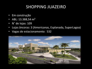 SHOPPING JUAZEIRO
•   Em construção
•   ABL: 13.388,54 m²
•   N˚ de lojas: 109
•   Lojas âncoras: 3 (Americanas, Esplanada, SuperLagoa)
•   Vagas de estacionamento: 532
 