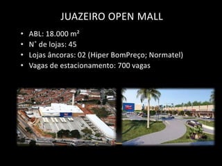 JUAZEIRO OPEN MALL
•   ABL: 18.000 m²
•   N˚ de lojas: 45
•   Lojas âncoras: 02 (Hiper BomPreço; Normatel)
•   Vagas de estacionamento: 700 vagas
 