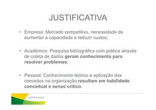 JUSTIFICATIVA
• Empresa: Mercado competitivo, necessidade de
aumentar a capacidade e reduzir custos;
• Acadêmico: Pesquisa bibliográfica com prática através
de coleta de dados geram conhecimento parade coleta de dados geram conhecimento para
resolver problemas;
• Pessoal: Conhecimento teórico e aplicação dos
conceitos na organização resultam em habilidade
conceitual e senso crítico.
JUSTIFICATIVA
 