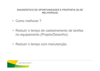 DIAGNÓSTICO DE OPORTUNIDADES E PROPOSTA (S) DE
MELHORIA(S)
• Como melhorar ?
• Reduzir o tempo de cadastramento de tarefas
no equipamento (Projeto/Desenho);no equipamento (Projeto/Desenho);
• Reduzir o tempo com manutenção.
COMO MELHORAR ?
 