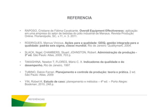REFERENCIA
• RAPOSO, Cristiane de Fátima Cavalcante. Overall Equipment Effectiveness: aplicação
em uma empresa do setor de bebidas do pólo industrial de Manaus. Revista Produção
Online. Florianópolis, SC, v.11, n. 3. 2011.
• RODRIGUES, Marcus Vinicius. Ações para a qualidade: GEIQ, gestão integrada para a
qualidade: padrão seis sigma, classe mundial. Rio de Janeiro: Qualitymark, 2004.
• SLACK, Nigel; CHAMBERS, Stuart; JOHNSTON, Robert. Administração da produção -
3ª ed. São Paulo: Atlas, 2009, 703 p.3ª ed. São Paulo: Atlas, 2009, 703 p.
• TAKASHINA, Newton T; FLORES, Mário C. X. Indicadores da qualidade e do
• desempenho. Rio de Janeiro, 1997
• TUBINO, Dalvio Ferrari. Planejamento e controle da produção: teoria e prática. 2 ed.
São Paulo: Atlas, 2009
• YIN, Robert K. Estudo de caso: planejamento e métodos – 4ª ed. – Porto Alegre:
Bookman, 2010, 248 p.
REFERÊNCIAS
 
