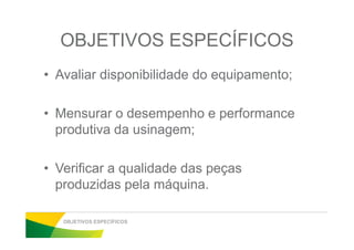 JUSTIFICATIVA
• Empresa: Mercado competitivo, necessidade de
aumentar a capacidade e reduzir custos;
• Acadêmico: Pesquisa bibliográfica com prática através
de coleta de dados geram conhecimento parade coleta de dados geram conhecimento para
resolver problemas;
• Pessoal: Conhecimento teórico e aplicação dos
conceitos na organização resultam em habilidade
conceitual e senso crítico.
JUSTIFICATIVA
 