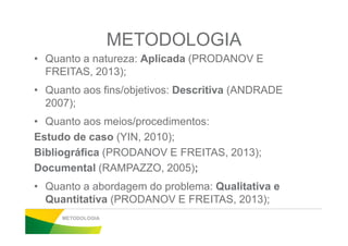 JUSTIFICATIVA
• Empresa: Mercado competitivo, necessidade de
aumentar a capacidade e reduzir custos;
• Acadêmico: Pesquisa bibliográfica com prática através
de coleta de dados geram conhecimento parade coleta de dados geram conhecimento para
resolver problemas;
• Pessoal: Conhecimento teórico e aplicação dos
conceitos na organização resultam em habilidade
conceitual e senso crítico.
JUSTIFICATIVA
 