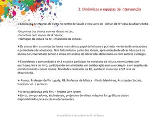 Escola Básica e Secundária de M. do Douro
2. Dinâmicas e equipas de intervenção
Colocação de maletas de livros no centro de Saúde e nos Lares de idosos da Stª casa da Misericórdia
;
-Encontros dos alunos com os idosos no Lar;
-Encontros com alunos da U. Sénior;
-Promoção da leitura na BE, «maratona da leitura»
Os alunos têm assumido de forma mais séria o papel de leitores e posteriormente de dinamizadores
e promotores de atividades. Têm feito leituras junto dos idosos, apresentação de obras lidas para os
alunos da Universidade Sénior e ainda em análise de obras lidas debatendo-as com autores e colegas.
Convidando a comunidade a vir à escola e participar na maratona da leitura, no encontro com
escritores, feira do livro, participando em atividades em colaboração com a autarquia e em sessões de
entretenimento com os idosos. Atividades realizadas na BE, auditório municipal e Stª casa da
Misericórdia.
 Alunos, Professor de Português, PB, Professor de Música - Paulo Meirinhos, Assistentes Sociais,
funcionários e seniores.
A verba atribuída pelo PNL – Projeto Ler+ jovem
Livros, computadores, audiovisuais, projetores de vídeo, máquina fotográfica e outros
disponibilizados pela escola e intervenientes.
 