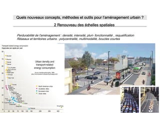 Quels nouveaux concepts, méthodes et outils pour l’aménagement urbain ?
                             2 Renouveau des échelles spatiales

Perdurabilité de l'aménagement : densité, intensité, pluri- fonctionnalité , requalification
Réseaux et territoires urbains : polycentralité, multimodalité, boucles courtes
 