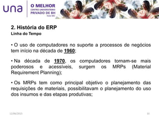 2. História do ERP
Linha do Tempo
• O uso de computadores no suporte a processos de negócios
tem início na década de 1960;
• Na década de 1970, os computadores tornam-se mais
poderosos e acessíveis, surgem os MRPs (Material
Requirement Planning);
• Os MRPs tem como principal objetivo o planejamento das
requisições de materiais, possibilitavam o planejamento do uso
dos insumos e das etapas produtivas;
12/06/2015 10
 