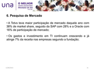 • A Totvs teve maior participação de mercado daquele ano com
38% de market share, seguido da SAP com 28% e a Oracle com
16% de participação de mercado;
• Os gastos e investimento em TI continuam crescendo e já
atinge 7% da receita nas empresas segundo a fundação;
6. Pesquisa de Mercado
12/06/2015 31
 