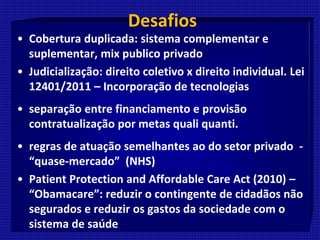 Desafios
• Cobertura duplicada: sistema complementar e
suplementar, mix publico privado
• Judicialização: direito coletivo x direito individual. Lei
12401/2011 – Incorporação de tecnologias
• separação entre financiamento e provisão
contratualização por metas quali quanti.
• regras de atuação semelhantes ao do setor privado -
“quase-mercado” (NHS)
• Patient Protection and Affordable Care Act (2010) –
“Obamacare”: reduzir o contingente de cidadãos não
segurados e reduzir os gastos da sociedade com o
sistema de saúde
 