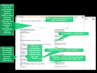Primeiro dia em uma nova função. Precisa conhecer sobre a nova linha de produtos, descobrir os principais contatos e obter informações sobre o mercado Ele começa atualizando seu profile com o nome do novo produto e áreas foco. Clica em “connections” para descobrir quem mais associou esta tag a seu profile “ Evangelist”…parece bom … Revê a lista de pessoas com a tag “connections” “ Product Designer”…muito técnico… “ Director”…é bom começar pelo topo. Clica em Ronnie para saber mais 