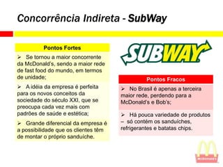 Concorrência Indireta - SubWay

          Pontos Fortes
 Se tornou a maior concorrente
da McDonald’s, sendo a maior rede
de fast food do mundo, em termos
de unidade;                                    Pontos Fracos
 A idéia da empresa é perfeita        No Brasil é apenas a terceira
para os novos conceitos da            maior rede, perdendo para a
sociedade do século XXI, que se       McDonald’s e Bob’s;
preocupa cada vez mais com
padrões de saúde e estética;           Há pouca variedade de produtos
 Grande diferencial da empresa é     – só contém os sanduíches,
a possibilidade que os clientes têm   refrigerantes e batatas chips.
de montar o próprio sanduíche.
 