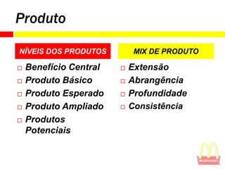 Produto

NÍVEIS DOS PRODUTOS          MIX DE PRODUTO

   Benefício Central      Extensão
   Produto Básico         Abrangência
   Produto Esperado       Profundidade
   Produto Ampliado       Consistência
   Produtos
    Potenciais
 