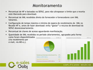 Monitoramento
 Percentual de NF-e baixadas na SEFAZ, para não ultrapassar o limite que a receita
  está liberando para download.
 Percentual de XML recebidos direto do fornecedor e fornecedores com XML
  faltantes.
 Configuração de tempo máximo e mínimo de espera do recebimento do XML no
  Recebe NF-e, antes de fazer download: evita “gastar” o recurso de download da
  SEFAZ desnecessariamente.
 Percentual de chaves de acesso aguardando manifestação.
 Quantidade de XML recebidos no período (diariamente), agrupados pela forma
  como foram disponibilizados
  (via recebimento por
  e-mail, via MD-e,);
 