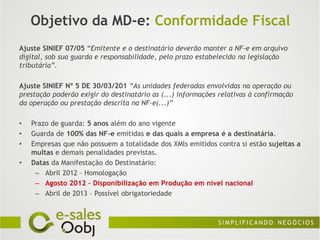 Objetivo da MD-e: Conformidade Fiscal
Ajuste SINIEF 07/05 “Emitente e o destinatário deverão manter a NF-e em arquivo
digital, sob sua guarda e responsabilidade, pelo prazo estabelecido na legislação
tributária”.

Ajuste SINIEF Nº 5 DE 30/03/201 “As unidades federadas envolvidas na operação ou
prestação poderão exigir do destinatário as (...) informações relativas à confirmação
da operação ou prestação descrita na NF-e(...)”

•   Prazo de guarda: 5 anos além do ano vigente
•   Guarda de 100% das NF-e emitidas e das quais a empresa é a destinatária.
•   Empresas que não possuem a totalidade dos XMls emitidos contra si estão sujeitas a
    multas e demais penalidades previstas.
•   Datas da Manifestação do Destinatário:
     – Abril 2012 – Homologação
     – Agosto 2012 – Disponibilização em Produção em nível nacional
     – Abril de 2013 – Possível obrigatoriedade
 