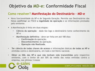 Objetivo da MD-e: Conformidade Fiscal
Como resolver? Manifestação do Destinatário – MD-e
 Nova funcionalidade da NF-e de Segunda Geração. Permite aos Destinatários das
  Notas confirmar ao FISCO a legalidade da operação e as informações prestadas
  pelo emitente.
 A Manifestação é feita em duas etapas:
      •   Ciência da operação – dada tão logo o destinatário tome conhecimento da
          NF-e
      •   Manifestação definitiva - deve ser feita em até 180 dias:
           o Confirmação da operação.
           o Desconhecimento da operação.
           o Operação não Realizada.
•    Ter ciência de todas chaves de acesso e informações básicas de todas as NF-e
     emitidas contra o destinatário, em todo o território nacional.
•    Obter os XML das NF-e que não tenham sido transmitidas pelo respectivo
     emitente, com o limite de até 50% da média das notas emitidas contra a
     empresa, nos últimos 3 meses
 
