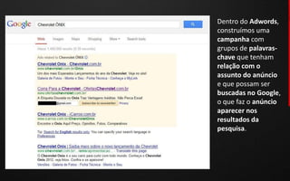 Dentro do Adwords,
construímos uma
campanha com
grupos de palavras-
chave que tenham
relação com o
assunto do anúncio
e que possam ser
buscadas no Google,
o que faz o anúncio
aparecer nos
resultados da
pesquisa.
 