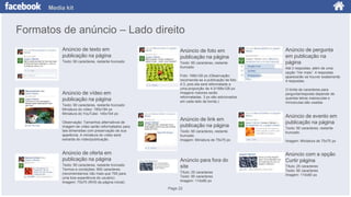 Media kit

Formatos de anúncio – Lado direito
Anúncio de texto em
publicação na página

Anúncio de foto em
publicação na página

Texto: 90 caracteres, restante truncado

Texto: 90 caracteres, restante
truncado

Anúncio de vídeo em
publicação na página

Foto: 168x128 px (Observação:
recomenda-se a publicação de foto
4:3, pois ela será reformatada a
uma proporção de 4:3/168x128 px.
Imagens maiores serão
reformatadas. 3 px são adicionados
em cada lado da borda.)

Texto: 90 caracteres, restante truncado
Miniatura do vídeo: 185x194 px
Miniatura do YouTube: 140x104 px
Observação: Tamanhos alternativos de
imagem de vídeo serão reformatados para
tais dimensões com preservação de sua
aparência. A miniatura do vídeo será
extraída do vídeo/publicação.

Anúncio de oferta em
publicação na página
Texto: 90 caracteres, restante truncado
Termos e condições: 900 caracteres
(recomendamos não mais que 700 para
uma boa experiência do usuário)
Imagem: 75x75 (RHS da página inicial)

Anúncio de link em
publicação na página
Texto: 90 caracteres, restante
truncado
Imagem: Miniatura de 75x75 px

Anúncio para fora do
site
Título: 25 caracteres
Texto: 90 caracteres
Imagem: 110x80 px

Page 22

Anúncio de pergunta
em publicação na
página
Até 3 respostas, além de uma
opção “Ver mais”. 4 respostas
aparecerão se houver exatamente
4 respostas.
O limite de caracteres para
pergunta/resposta depende de
quantas letras maiúsculas e
minúsculas são usadas

Anúncio de evento em
publicação na página
Texto: 90 caracteres, restante
truncado
Imagem: Miniatura de 75x75 px

Anúncio com a opção
Curtir página
Título: 25 caracteres
Texto: 90 caracteres
Imagem: 110x80 px

 