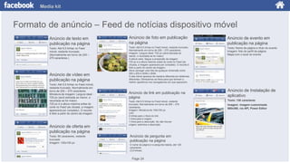 Media kit

Formato de anúncio – Feed de notícias dispositivo móvel
Anúncio de texto em
publicação na página

Anúncio de foto em publicação
na página

Anúncio de evento em
publicação na página

Texto: Até 6,5 linhas no Feed
móvel, restante truncado.
(Normalmente em torno de 205 –
275 caracteres.)

Texto: Até 6,5 linhas no Feed móvel, restante truncado.
Normalmente em torno de 205 – 275 caracteres.
Imagem: Largura ideal- 720 px (será esticada se
menor, e recortada se for maior)
A altura varia. Segue a proporção da imagem
720 px é a altura máxima antes do corte no Feed (se
clicada, a imagem aparecerá por completo). O recorte é
feito a partir do centro da imagem.
Deve carregar uma foto de qualquer dimensão entre
200 x 200 e 2048 x 2048.
O site móvel aparece de maneira diferente em telefones
diferentes. Otimizamos as fotos para que tenham a
melhor aparência nos navegadores em que aparecem.

Texto: Nome da página e título do evento
Imagem: foto do perfil da página
Mapa com o local do evento

Anúncio de vídeo em
publicação na página
Texto: Até 6,5 linhas no Feed móvel,
restante truncado. Normalmente em
torno de 205 – 275 caracteres.
Miniatura da imagem: Largura ideal 720 px (será esticada se menor, e
recortada se for maior)
720 px é a altura máxima antes do
corte no Feed (se clicada, a imagem
aparecerá por completo). O recorte
é feito a partir do centro da imagem.

Anúncio de oferta em
publicação na página
Texto: 90 caracteres, restante
truncado
Imagem: 100x100 px

Anúncio de link em publicação na
página
Texto: Até 6,5 linhas no Feed móvel, restante
truncado. Normalmente em torno de 205 – 275
caracteres.
Imagem: Miniatura de 100x100 px
Link:
2 linhas para o título do link
1 linha para a origem
1 linha para a descrição. Se não houver
origem, exibimos a descrição.

Anúncio de pergunta em
publicação na página
O nome da página e a pergunta listada, até 125
caracteres
(3,5 linhas)

Page 24

Anúncio de Instalação de
aplicativo
Texto: 130 caracteres
Imagem: Imagem customizada
600x360, via API, Power Editor

 