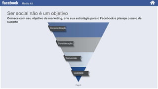 Media kit

Ser social não é um objetivo
Comece com seu objetivo de marketing, crie sua estratégia para o Facebook e planeje o meio de
suporte
Conscientização

Consideração

Conversão

Lealdade

Page 9

 