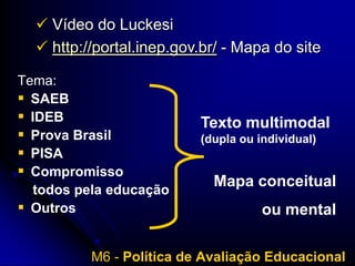  Vídeo do Luckesi
   http://portal.inep.gov.br/ - Mapa do site

Tema:
 SAEB
 IDEB                    Texto multimodal
 Prova Brasil            (dupla ou individual)
 PISA
 Compromisso
                            Mapa conceitual
   todos pela educação
 Outros                             ou mental

          M6 - Política de Avaliação Educacional
 