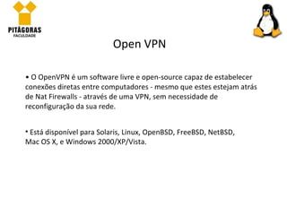 O OpenVPN é um software livre e open-source capaz de estabelecer conexões diretas entre computadores - mesmo que estes estejam atrás de Nat Firewalls - através de uma VPN, sem necessidade de reconfiguração da sua rede.  Open VPN Está disponível para Solaris, Linux, OpenBSD, FreeBSD, NetBSD, Mac OS X, e Windows 2000/XP/Vista.  