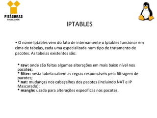 O nome Iptables vem do fato de internamente o Iptables funcionar em cima de tabelas, cada uma especializada num tipo de tratamento de pacotes. As tabelas existentes são: IPTABLES * raw:  onde são feitas algumas alterações em mais baixo nível nos pacot es; * filter:  nesta tabela cabem as regras responsáveis pela filtragem de pacotes; * nat:  mudanças nos cabeçalhos dos pacotes (incluindo NAT e IP Mascarado); * mangle:  usada para alterações específicas nos pacotes. 